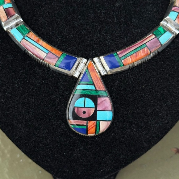 Frank Yellowhorse Rare vintage Navajo sterling mosaic necklace with turquoise - Picture 2 of 8